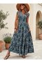 Women's Maxi Length Patterned Summer Jersey Dress with Elastic Detail at the Waist