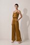 Camel Satin Comfortable Cut Trousers with Pocket and Leg Details - 2
