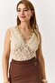Women's Transparent Guipure Backless Thick Strap Blouse Beige - 5