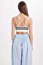 Women's Slim Fit Cross-Back Tie-Strap V-Neck Striped Ecru Crop Top - 7