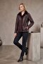 Shiny Genuine Leather and Fur Women's Coat with Horizontal Piping in Plum Color
