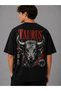 Unisex Beige Taurus Printed Oversize Crew Neck T-Shirt - 2