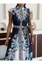 Imported Babel Fabric Full Buttoned Sleeveless Dress (Sash Included)-Navy Blue-2568 - 6