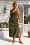Green Halter Neck Top with Slit Skirt and Tie Back Muslin Woven Top and Bottom Set 55-98 55-60