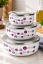 3-Piece Enamel Storage Bowl Set with Steel Lid, Modern Patterned Dough Kneading and Serving Bowl 14-16-18cm