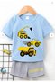 Excavator Printed Children's Baby Blue T-Shirt - Gray Shorts Set - Children's Summer Crew Neck