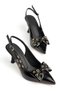 Perla Women's Black Shiny Leather Bow and Gold Detailed Classic Heeled Shoes