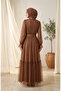 Belted Tulle Hijab Evening Dress 5720-01 Brown - 5