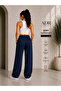 Navy Blue High Waist Wide Leg Sweatpants with Side Pockets - 3