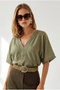Women's Khaki Boho Lace Detailed Flam Cotton Blouse Blz-19003370 - 3