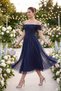 Women's Navy Blue Boat Neck Glittery Midi Graduation Evening Dress - 5