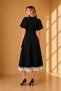 Women's Black Crepe Fabric Padded Double Breasted Collar Skirt Lace Design Midi Evening Dress 77164 - 4