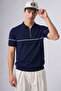 Men's Striped Detailed Knitwear Navy Blue Polo Neck T-Shirt - 4