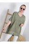 Women's Khaki Mesh Detailed Pocketed Cotton Linen Loose Bohemian Pinterest V-Neck Short Sleeve Blouse Tunic - 3