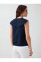 Navy Blue Linen Blend V-Neck Blouse with Lace Detail - 5