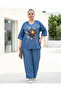 Plus Size Denim Hooded Floral Print Short Sleeve Loose Leg Women's Bottom Top Set - 7