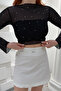 Women's Black Crew Neck Stoned Tulle Crop Blouse Jf26 - 7