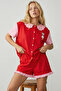 Red Collar Detailed Printed Buttoned Cotton Knitted Shorts Pajama Set 8009 - 2