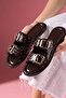 Vesper Brown Patent Leather Gold Buckle Trok Studded Double Strap Slippers - 3