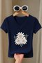 Women's Daisy Flower Printed Basic Daily Use V-Neck Slim Fit Lycra T-Shirt