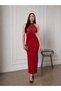 Women's Polka Dot Draped Midi Dress with Adjustable Collar and Red Tulle Detail - 2