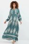 Women's V-Neck Gathered Waist Authentic Patterned Viscose Mint Hijab Dress