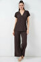 Women's V-Neck Short Sleeve Belted Brown Two-Piece Set - 3