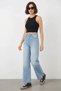 Women's High Waist Denim Wide Leg Light Blue Palazzo Trousers - 4