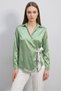 Women's Double-Breasted Collar Belted Waist Satin Green Shirt