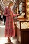 Women's Maxi Length Tropical Patterned Viscose Dress with Slash Collar, Balloon Sleeves, a Line Cut, Casual, Comfortable, Modern