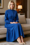 Women's Maxi Dress High Neck Half Placket Belted A-Line Cut Long Sleeve Woven Casual Daily Modern - 3
