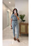 Zeus Blue Short Sleeve Denim Jumpsuit with Waist Tie Detail