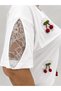 Plus Size Women's Blouse with Lace Detail on the Collar and Sleeves and Stone Cherry Figure - 7