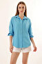 Women's Long Sleeve Basic Oversize Cotton Dark Blue Shirt - 3