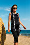 Semi-Closed Hijab Swimsuit Set Black Zebra Patterned Shoulder Window Design Lycra 2 Piece – R2209