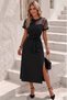 New Season Women's Short Sleeve Ring Collar One-Shoulder Tulle Detailed Pearl Slit Midi Janjan Crepe Dress
