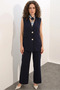 Women's V-Neck Buttoned Vest Navy Blue Set - 2