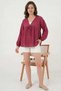 Women's Round Neck Gathered Waist Long Sleeve Viscose Burgundy Blouse - 3