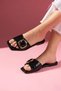 Palma Black Wrinkled Patent Leather Stylish Women's Daily Slippers with Gold Buckle