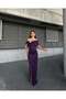 Purple Stretchy Scuba Fabric Bow Stone Detailed Long Evening Dress583419