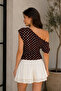 Women's Brown Polka Dot One-Shoulder Draped Blouse - 6