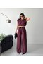 Women's Summer Belted Trousers and Crop Blouse Set Burgundy - 2