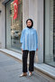 Women's Gathered Sleeve Striped Shirt Light Blue - 3