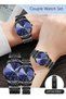 Couple Quartz Watch Set Alloy Strap Analog Round Dial Luxurious Luminous Waterproof Calendar Wristwatch Gift for Men and Women Blue