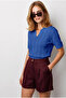 Women's Cobalt Blue Viscose Polo Collar Openwork Draped Knitwear Blouse Blz-19003363 - 3