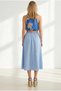 Women's Blue Straw Belt Detailed Buttoned Pocketed Flared Skirt Etk-19000438 - 5