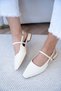 Noir Buckle Detail Women's Ecru Ballet Flats - 3