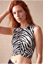 Women's Zebra Patterned 95% Cotton / 5% Elastane Slimt Fit Crew Neck Sleeveless Knotted Crop Blouse Tais - 2