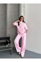 Pink Polka Dot Oversize Short Sleeve Striped Tracksuit Set with Zipper Front