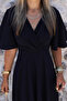 Navy Blue Long Flared Dress with Flounces on the Sleeves - 4